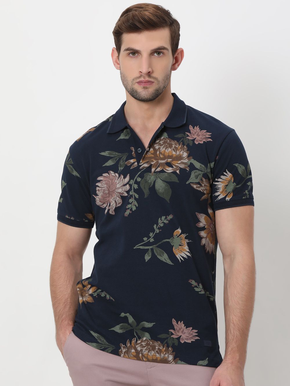 Navy & Multi Floral Print Pique Polo T-Shirt