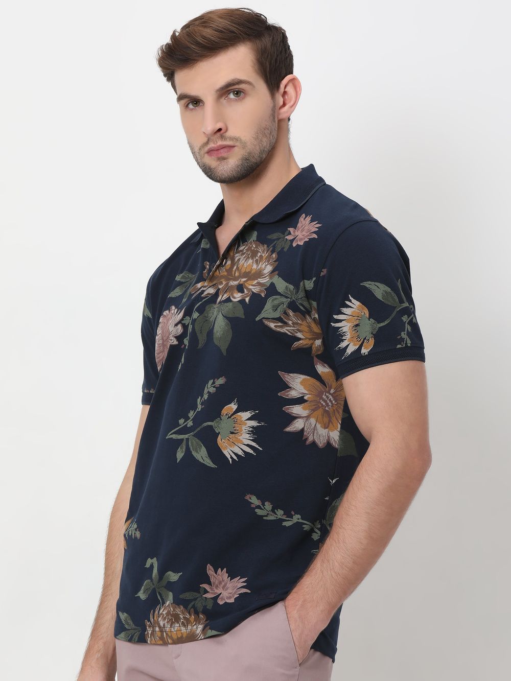 Navy & Multi Floral Print Pique Polo T-Shirt