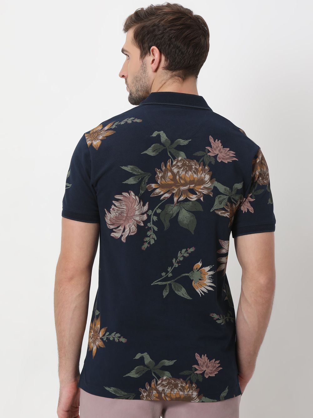 Navy & Multi Floral Print Pique Polo T-Shirt