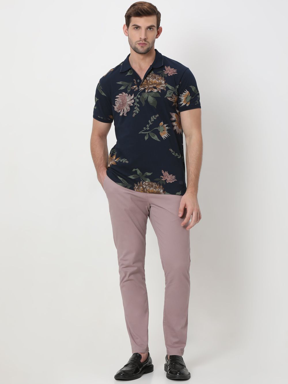 Navy & Multi Floral Print Pique Polo T-Shirt