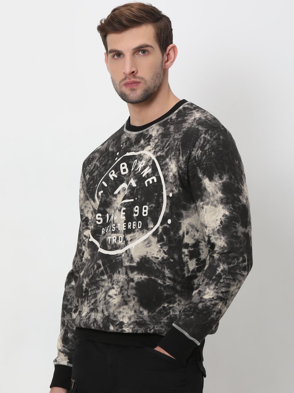 Black Acid Washed Badged Knitted Fleece Sweatshirt