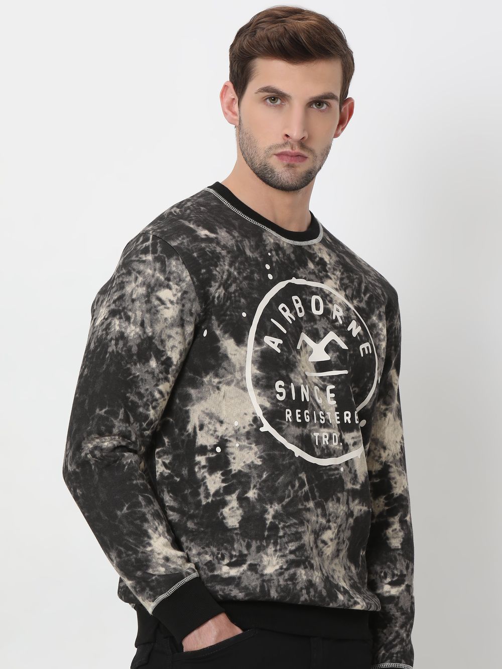 Black Acid Washed Badged Knitted Fleece Sweatshirt