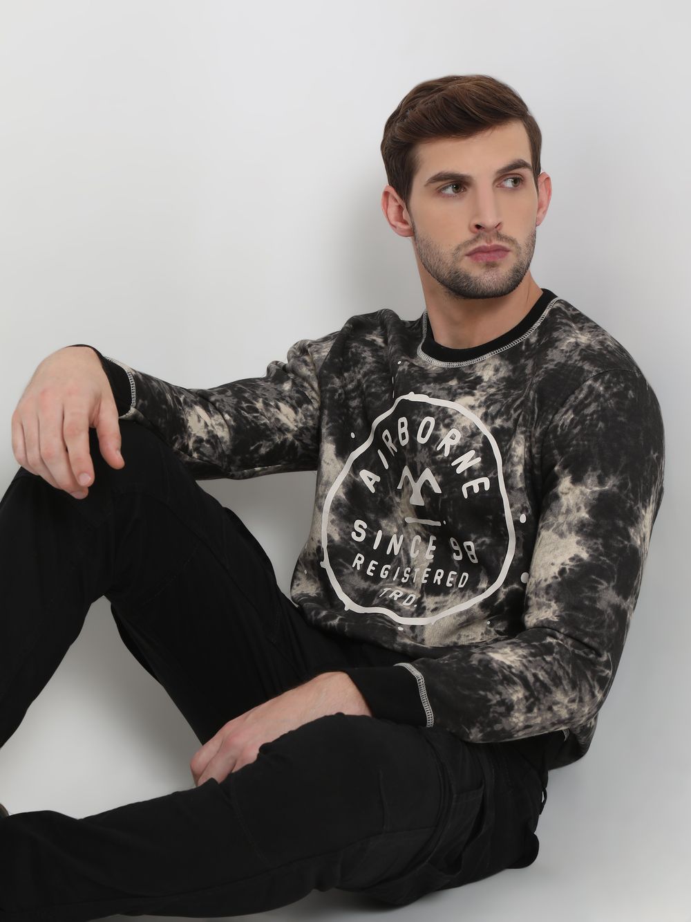 Black Acid Washed Badged Knitted Fleece Sweatshirt