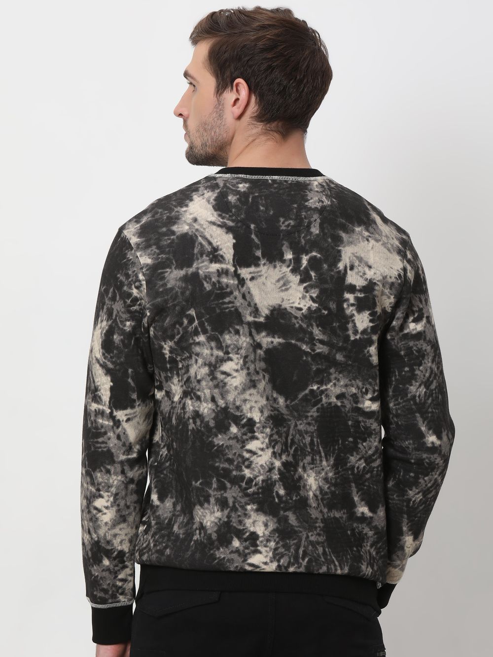 Black Acid Washed Badged Knitted Fleece Sweatshirt