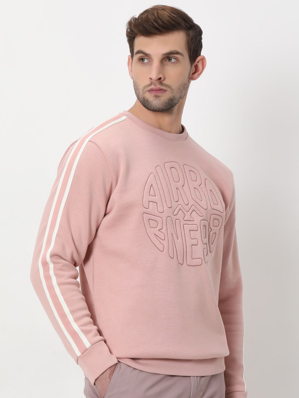 Pink & White Embossed Embroidery Knitted Fleece Sweatshirt