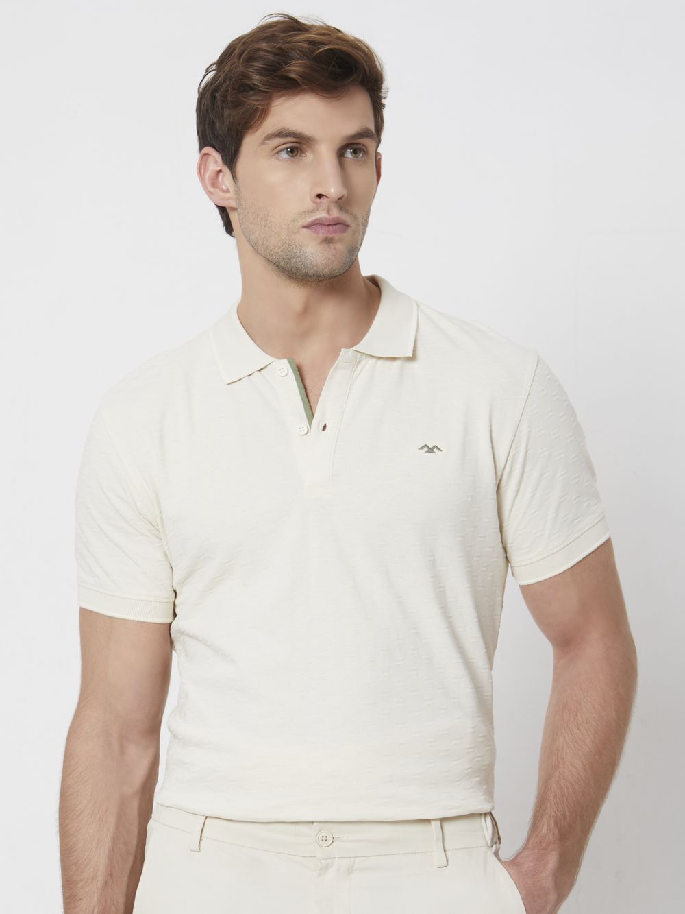 Beige Textured Slim Fit Textured Jersey Polo T-Shirt