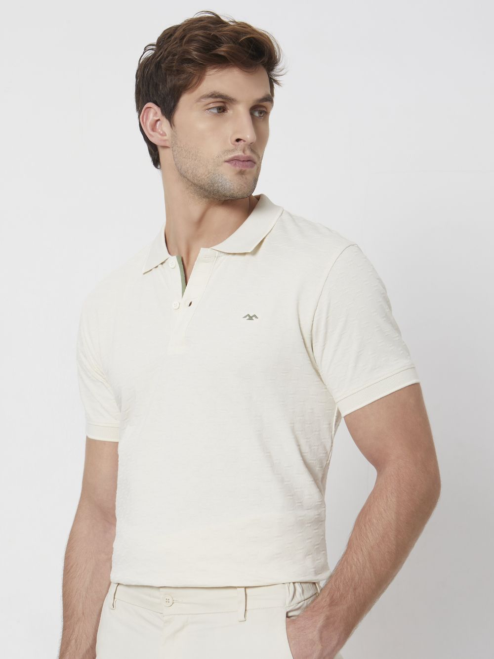 Beige Textured Slim Fit Textured Jersey Polo T-Shirt