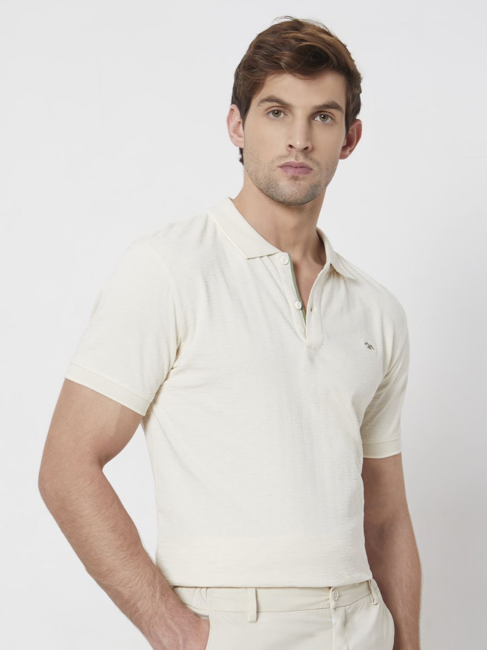 Beige Textured Slim Fit Textured Jersey Polo T-Shirt