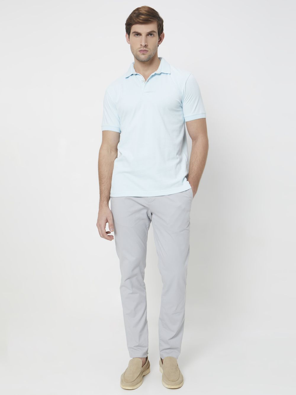 Light Blue Textured Plain Slim Fit Polo T-Shirt