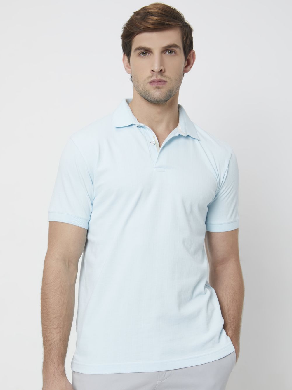 Light Blue Textured Plain Slim Fit Polo T-Shirt