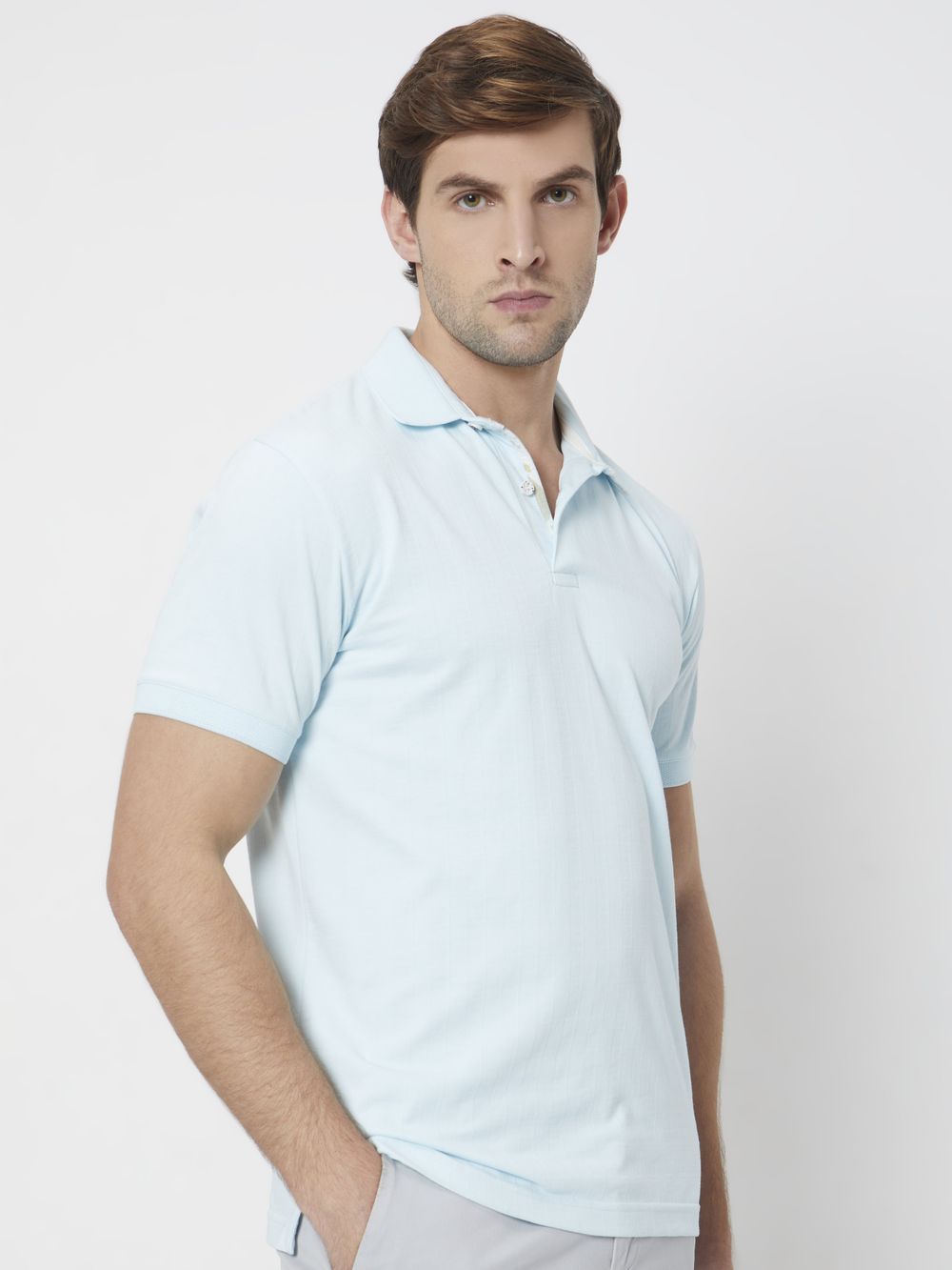 Light Blue Textured Plain Slim Fit Polo T-Shirt