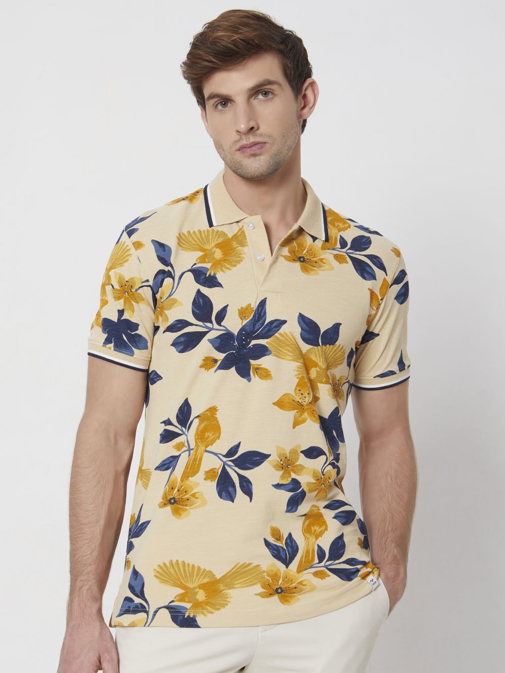 Beige Floral Print Slim Fit Casual Polo