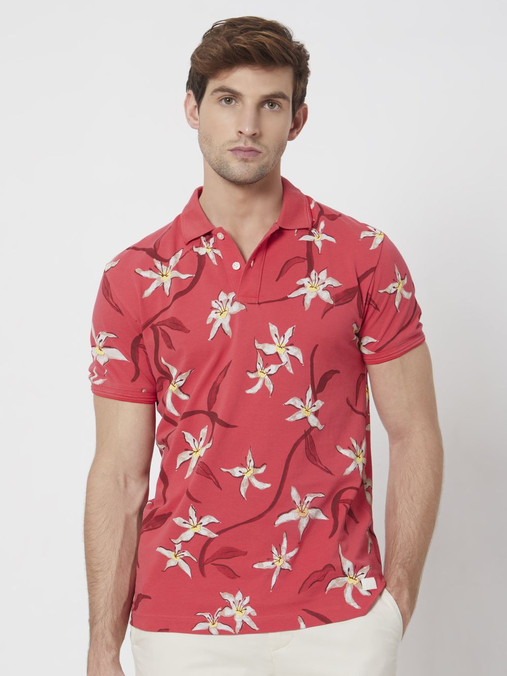 Pink Floral Print Slim Fit Casual Polo