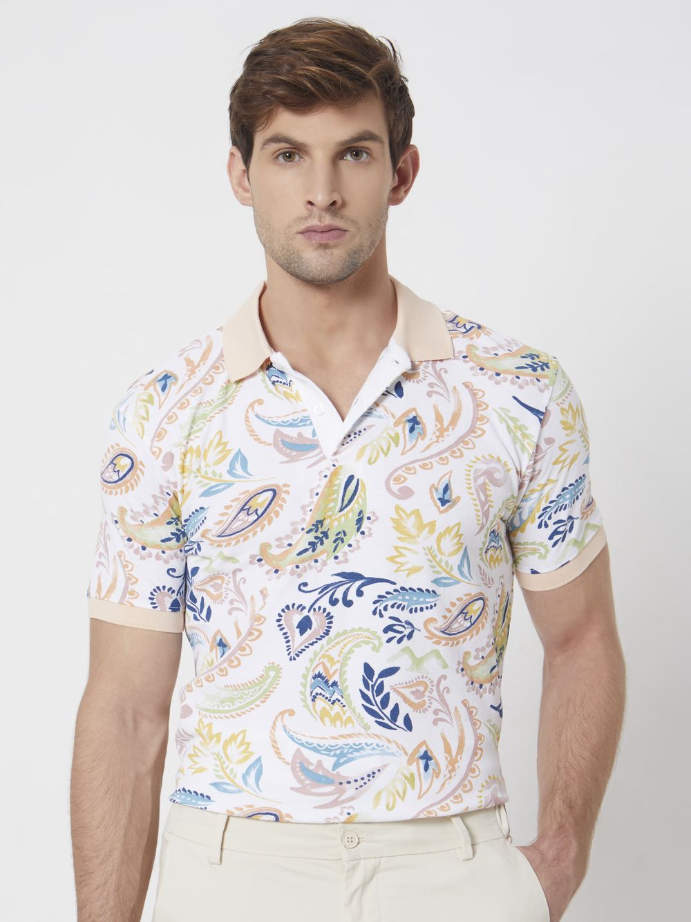 Off White Paisley Print Slim Fit Casual Polo