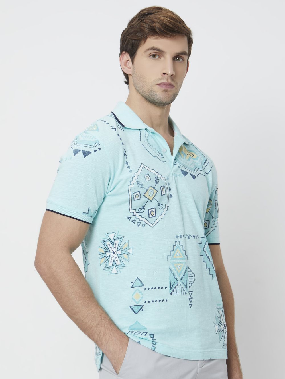 Light Blue Tribal Print Slim Fit Polo T-Shirt