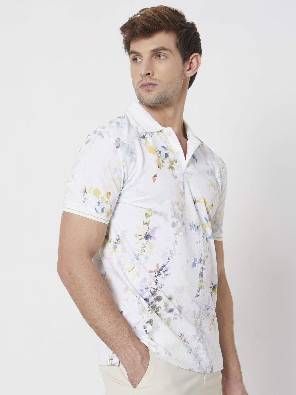 Off White Floral Print Slim Fit Casual Polo