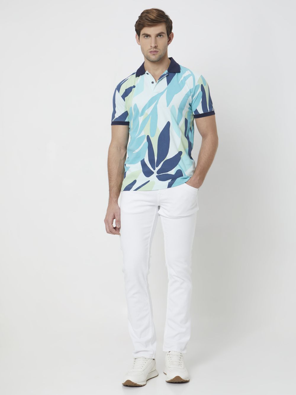 Turquoise Leaf Print Slim Fit Polo T-Shirt