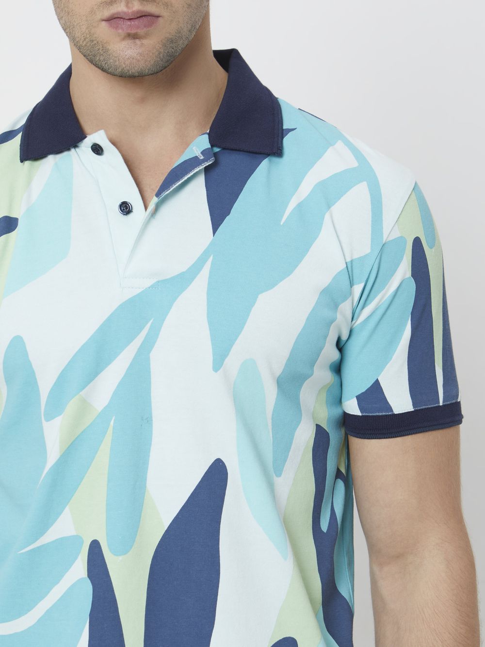 Turquoise Leaf Print Slim Fit Polo T-Shirt