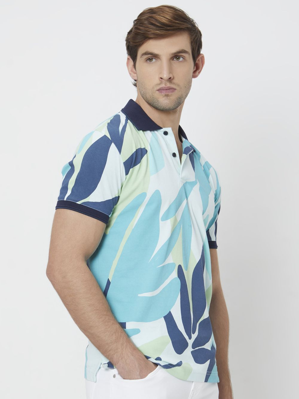 Turquoise Leaf Print Slim Fit Polo T-Shirt