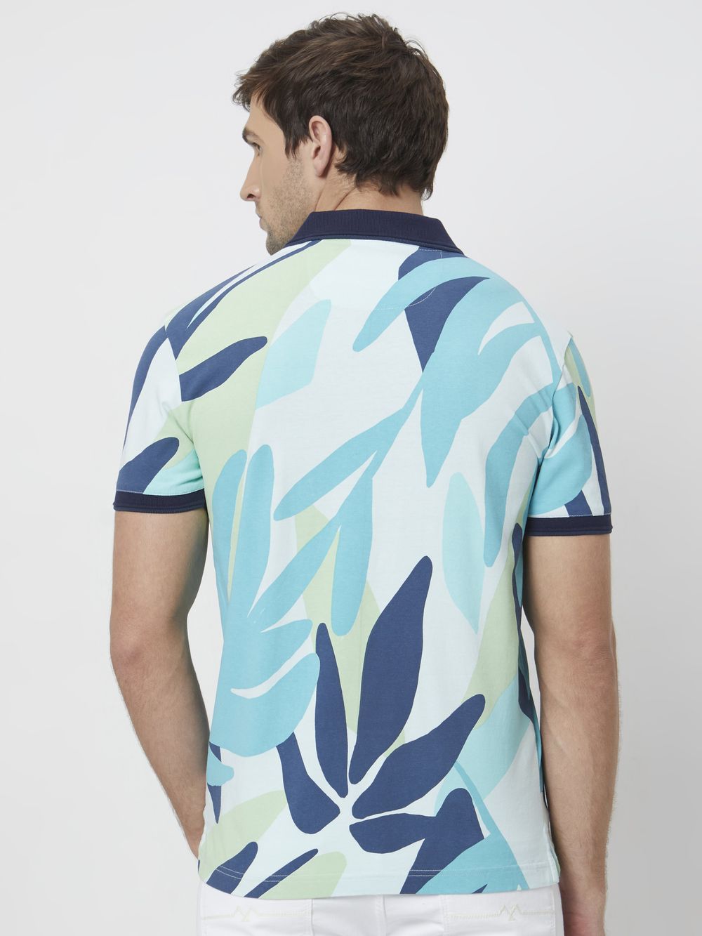 Turquoise Leaf Print Slim Fit Polo T-Shirt