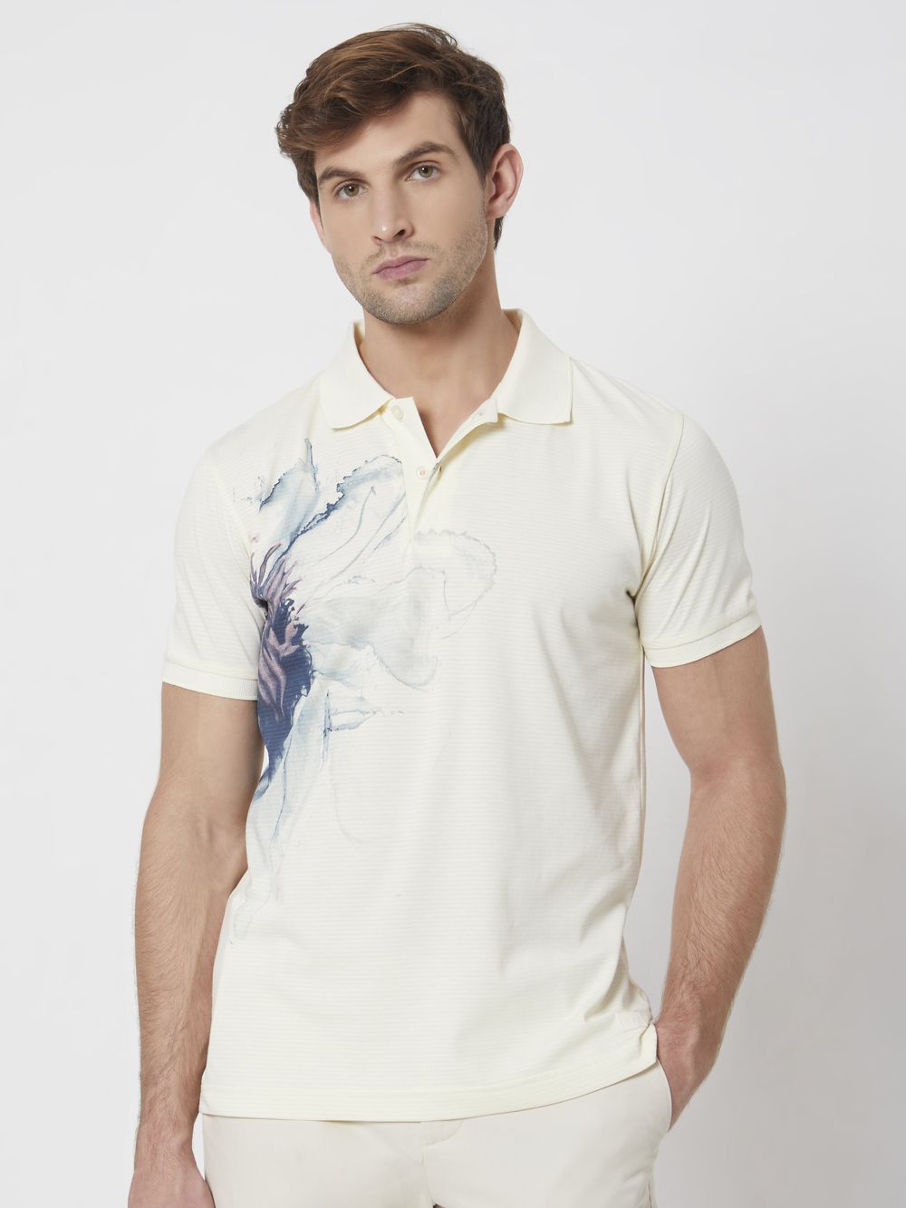 Off White Floral Print Slim Fit Casual Polo