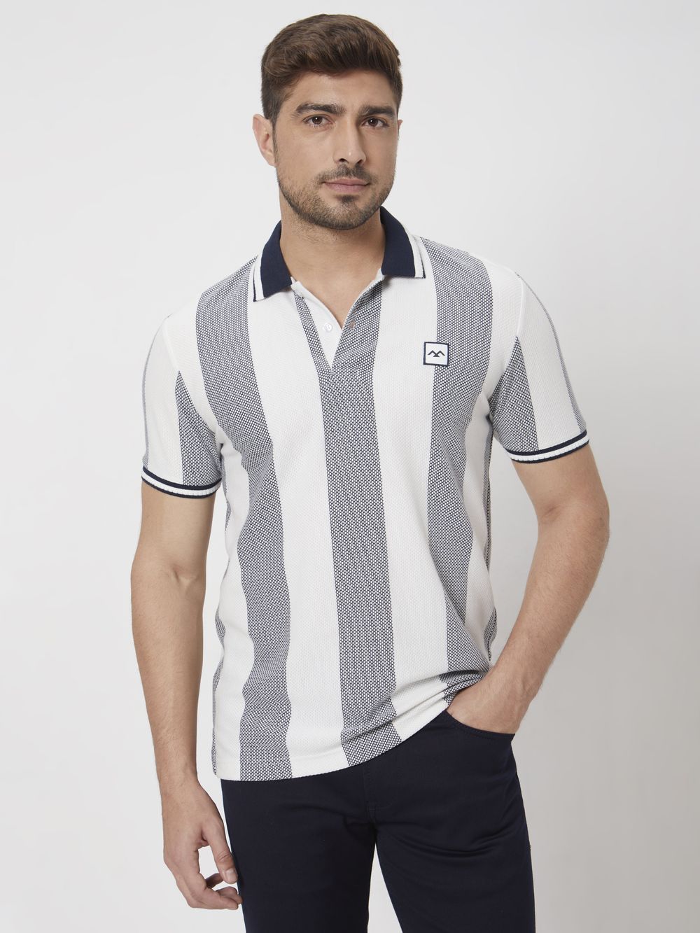 Navy Textured Stripe Slim Fit Jersey Polo T-Shirt