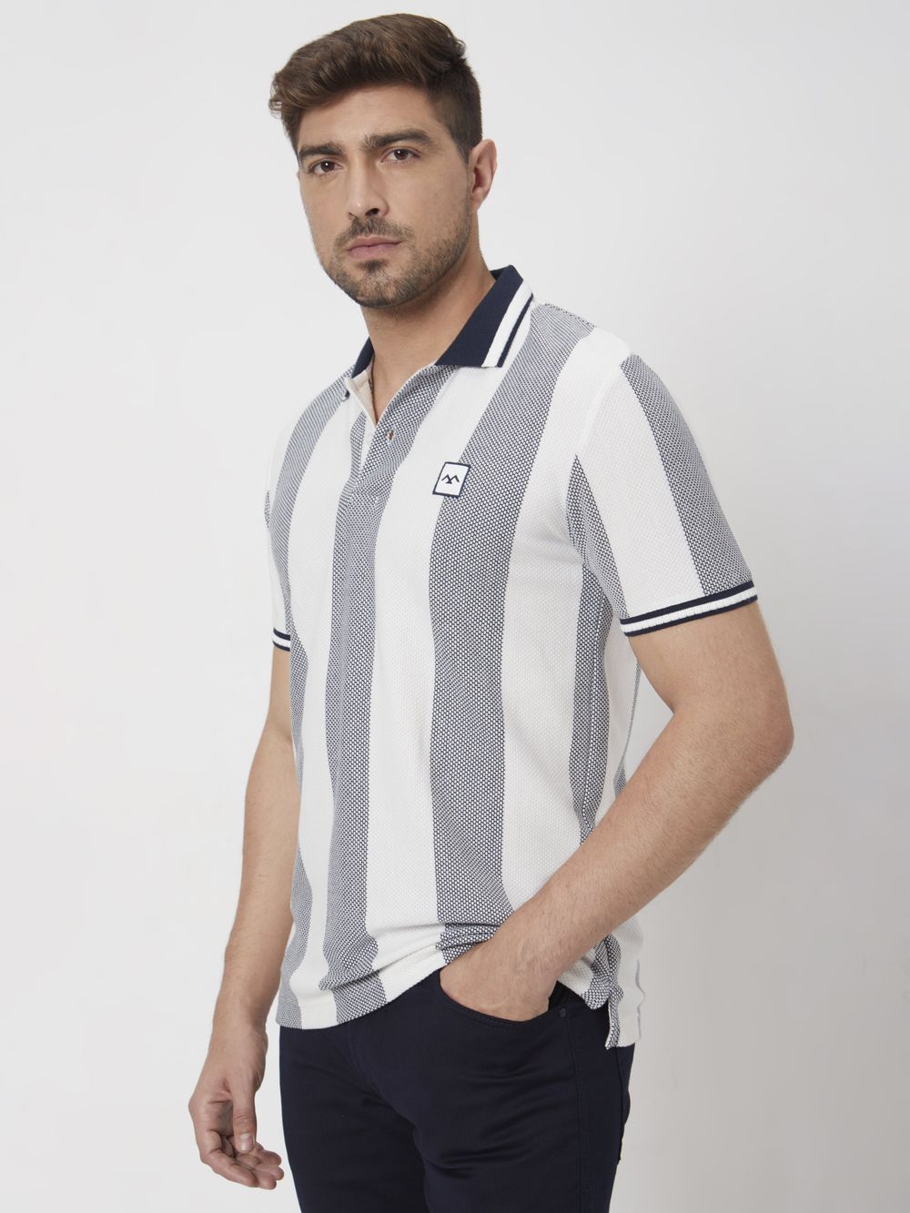 Navy Textured Stripe Slim Fit Jersey Polo T-Shirt