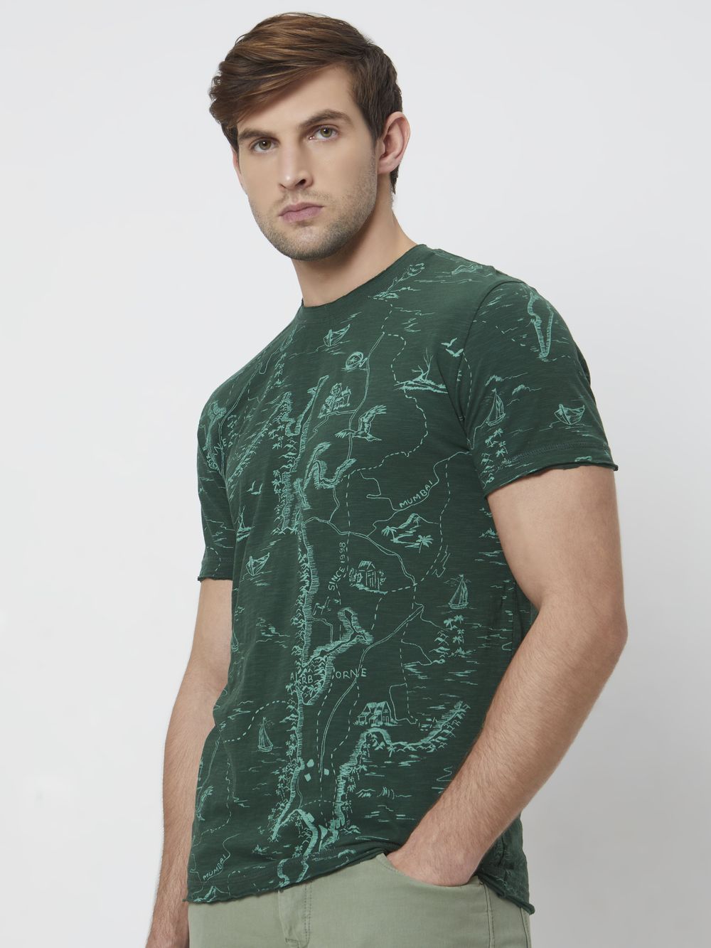 Green Map Print Slim Fit Jersey T-Shirt