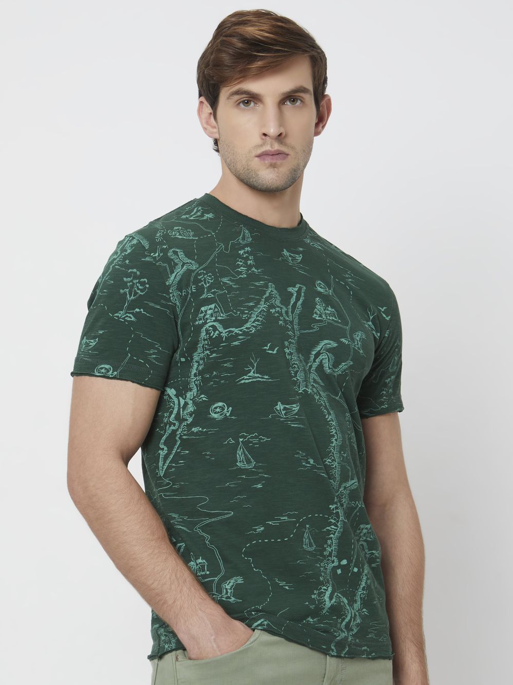 Green Map Print Slim Fit Jersey T-Shirt
