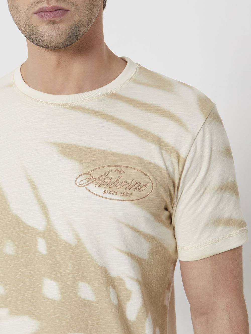 Beige Leaf Print Slim Fit Casual T-Shirt
