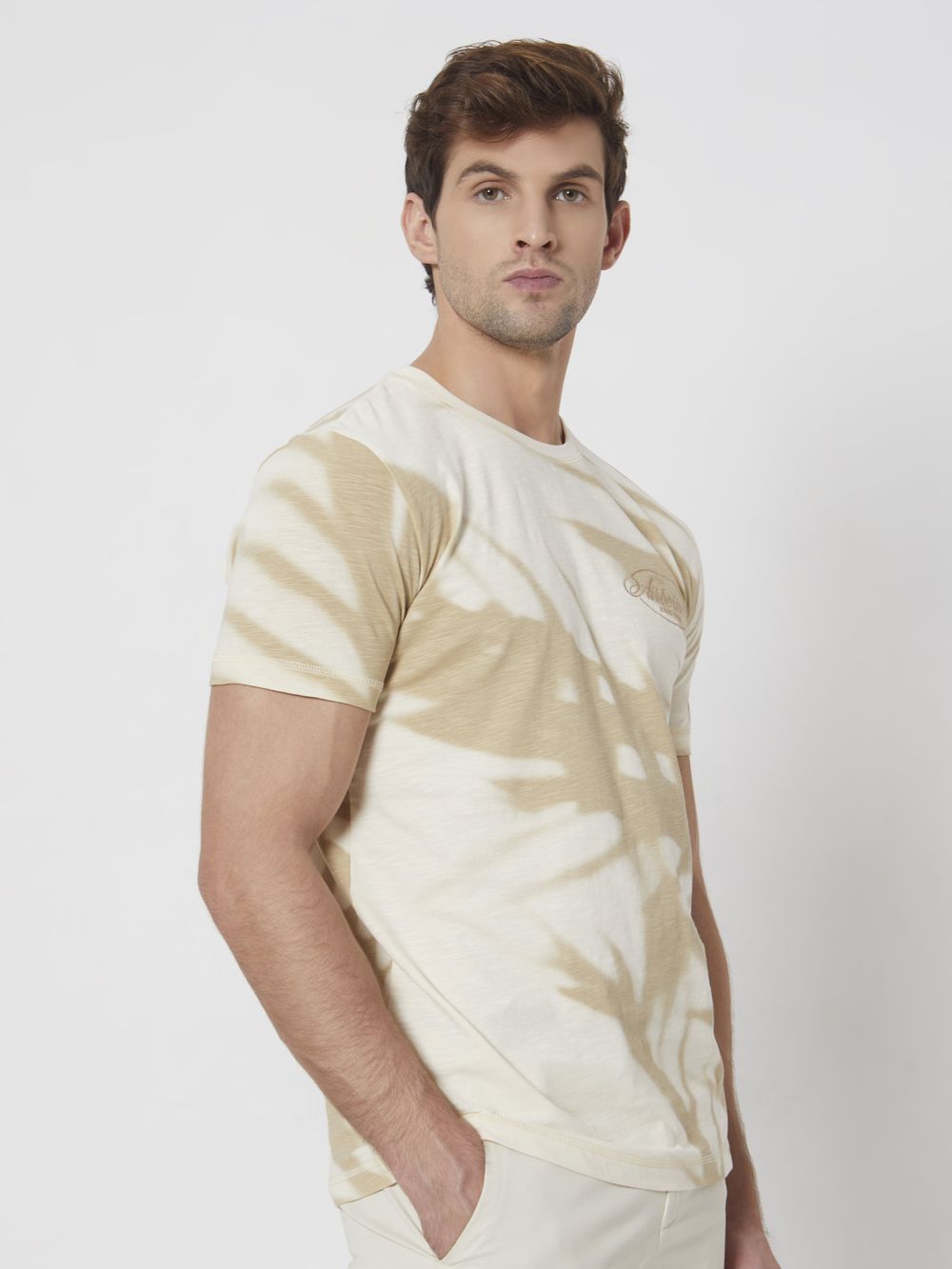 Beige Leaf Print Slim Fit Casual T-Shirt