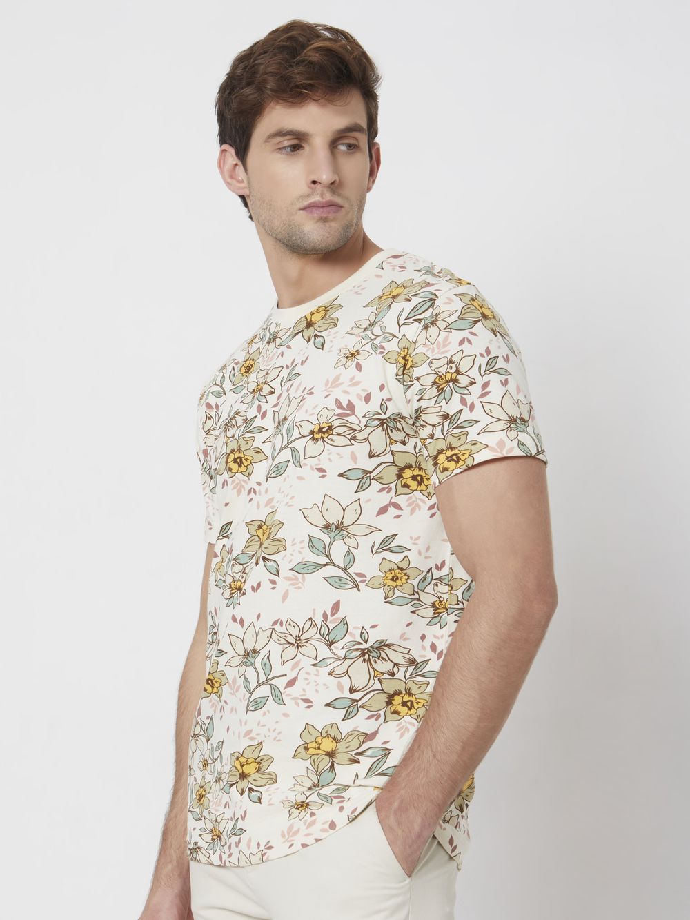 Beige Floral Print Slim Fit Casual T-Shirt