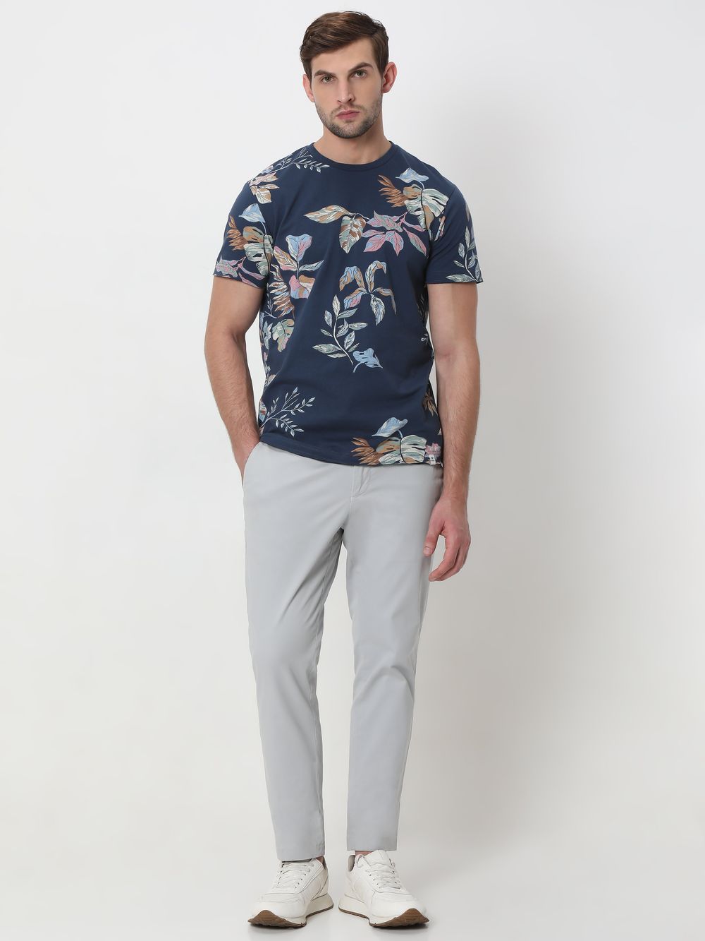 Navy Leaf Print Slim Fit T-Shirt