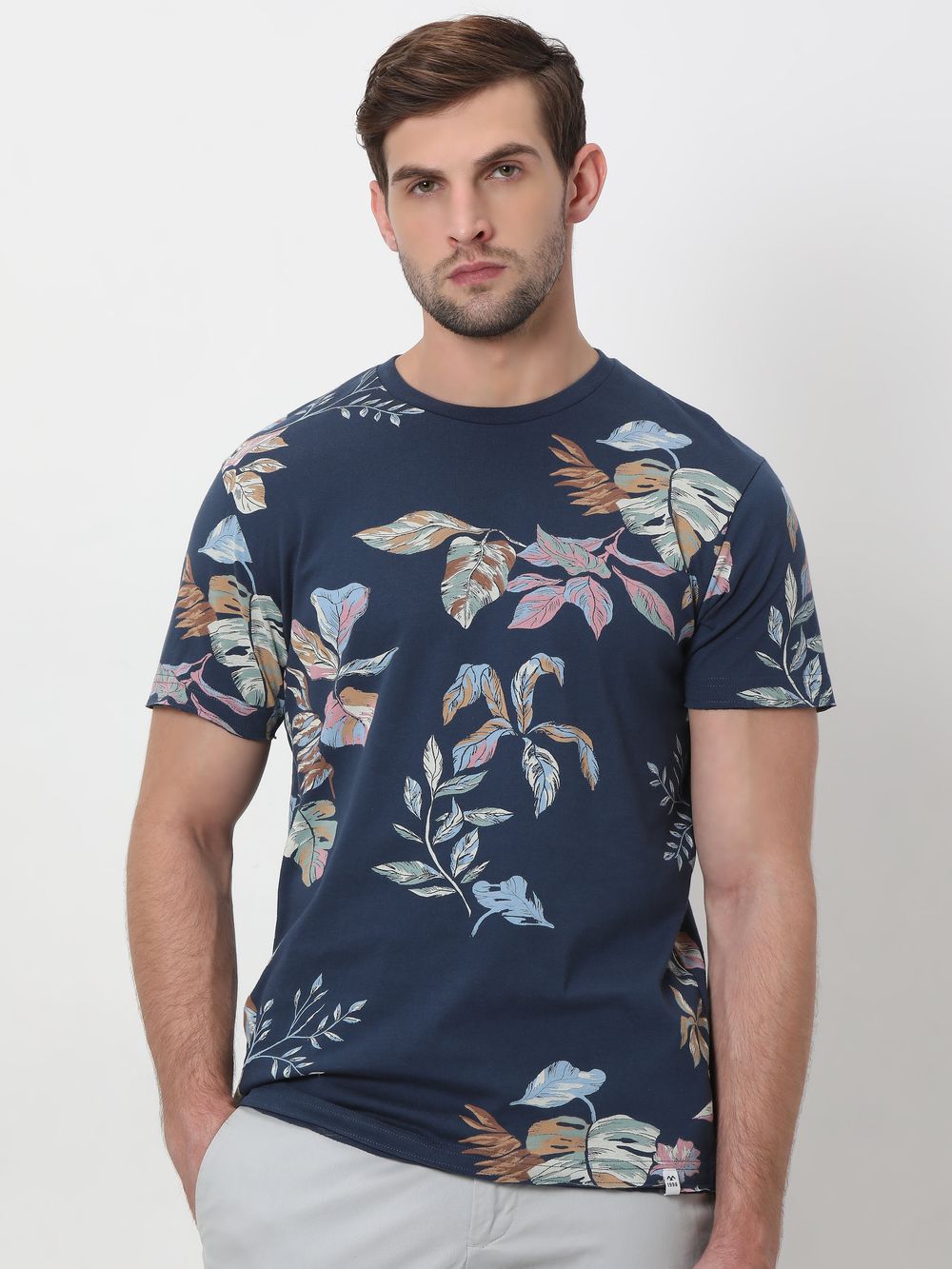 Navy Leaf Print Slim Fit T-Shirt