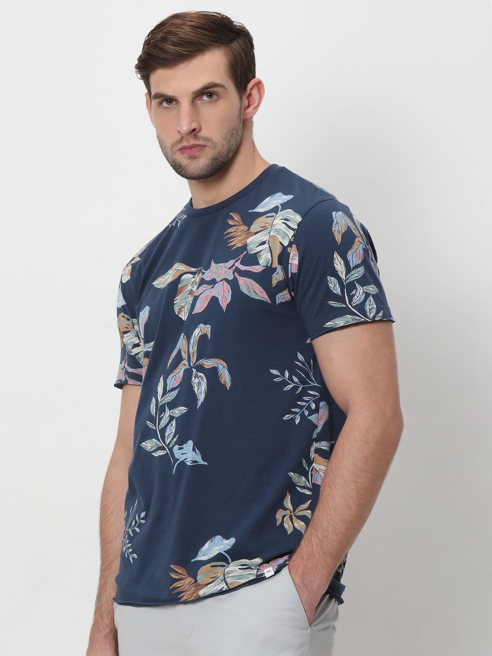 Navy Leaf Print Slim Fit T-Shirt