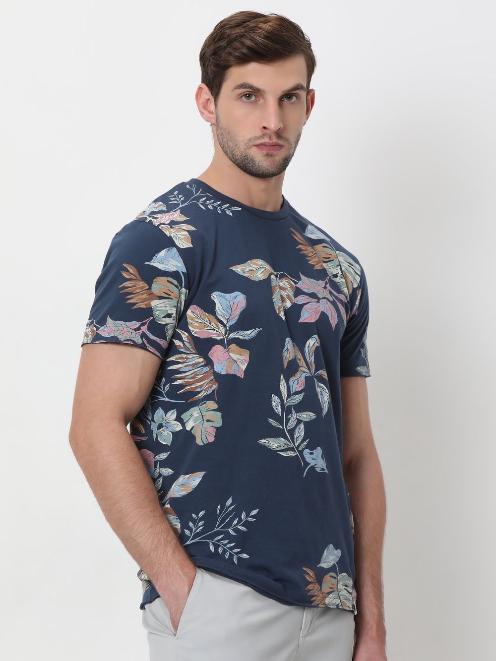 Navy Leaf Print Slim Fit T-Shirt