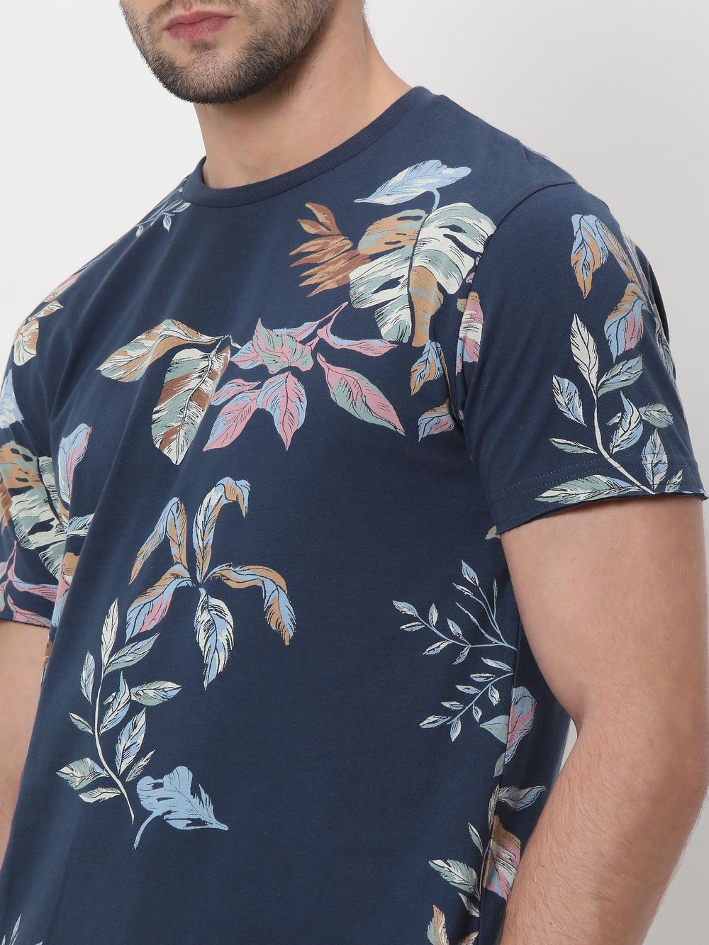 Navy Leaf Print Slim Fit T-Shirt