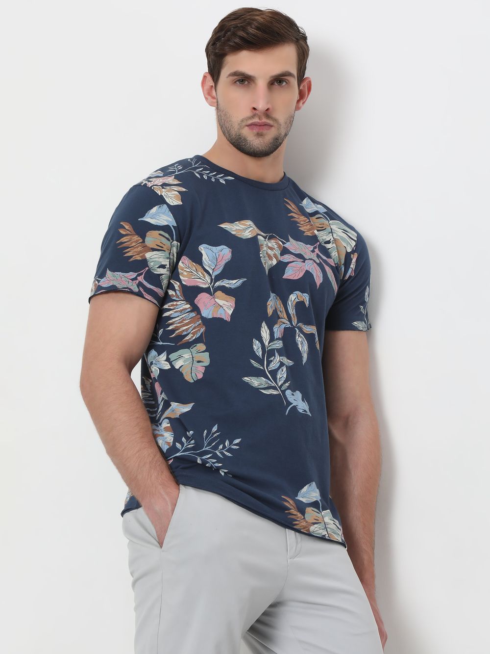 Navy Leaf Print Slim Fit T-Shirt