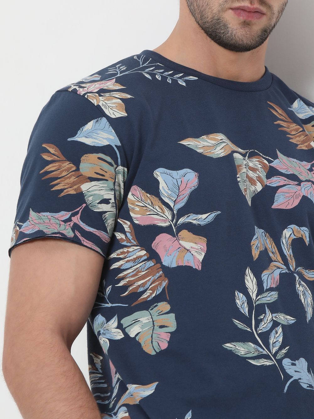 Navy Leaf Print Slim Fit T-Shirt