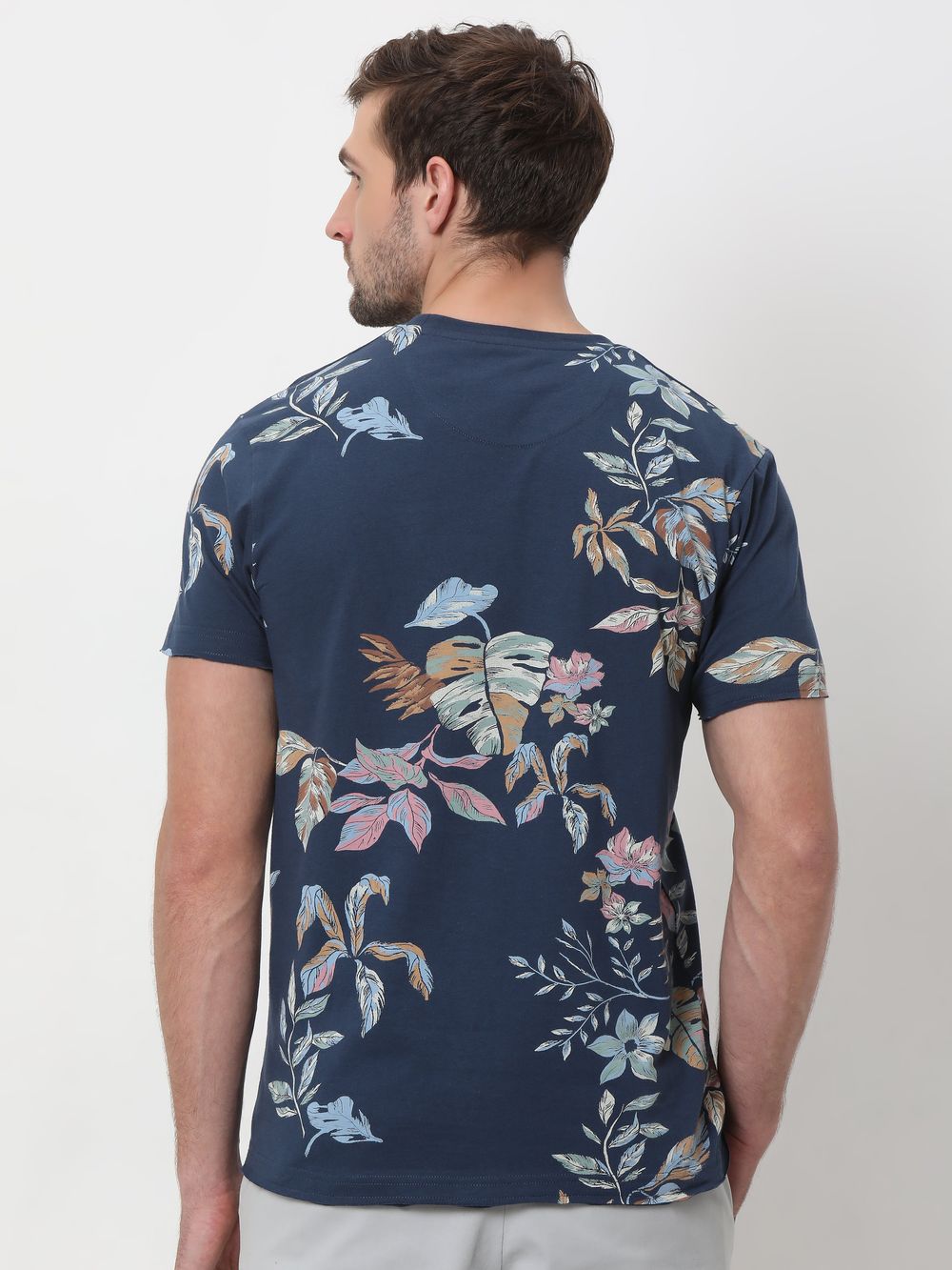 Navy Leaf Print Slim Fit T-Shirt