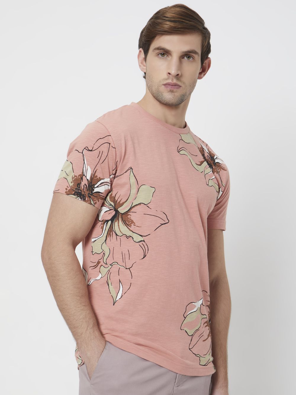 Pink Floral Print Slim Fit T-Shirt