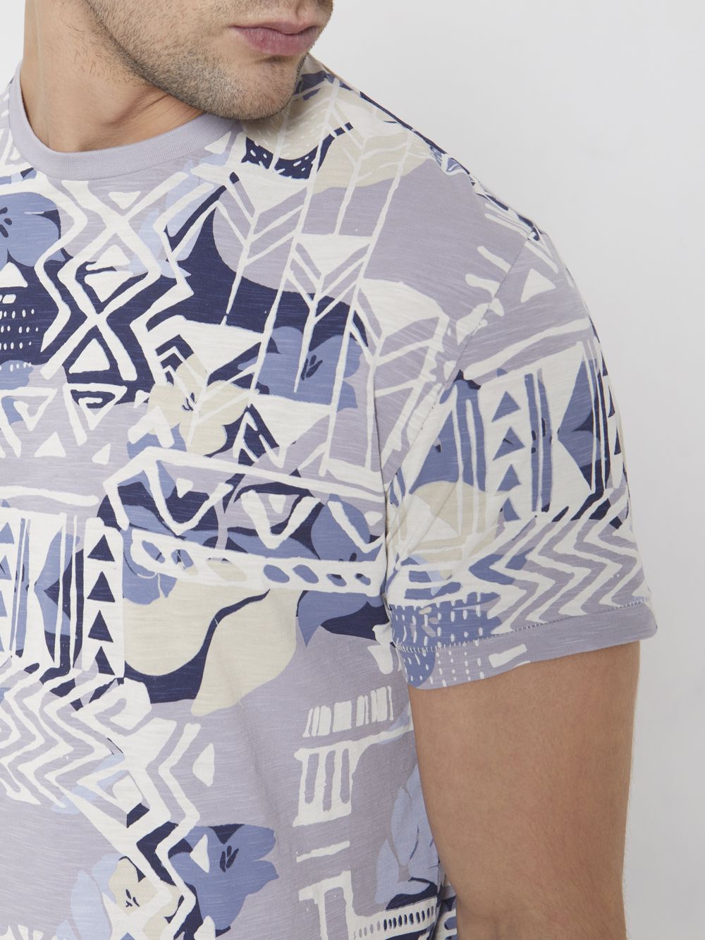 Grey Tribal Print Slim Fit Casual T-Shirt