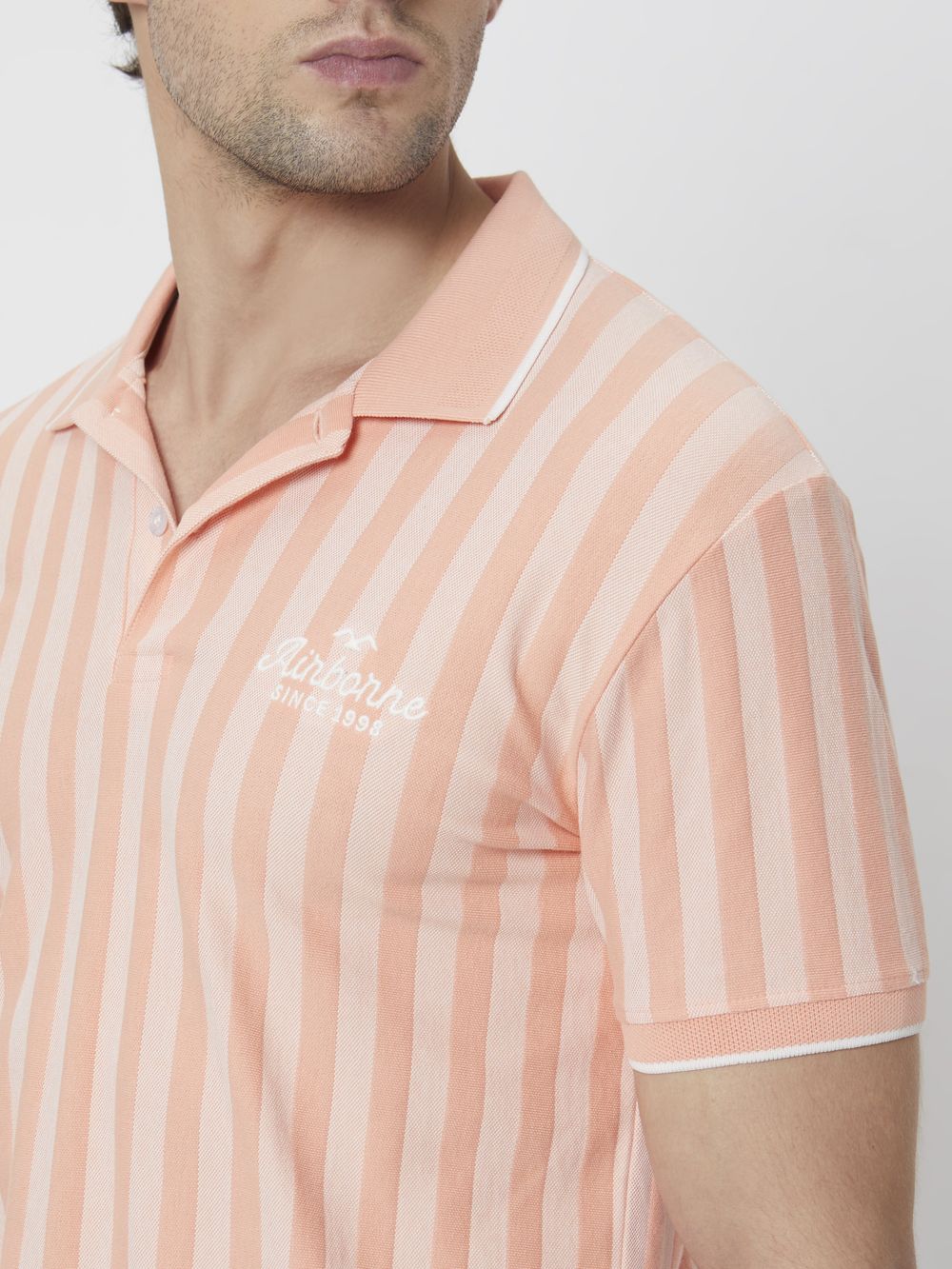 Peach Textured Stripe Slim Fit Polo T-Shirt