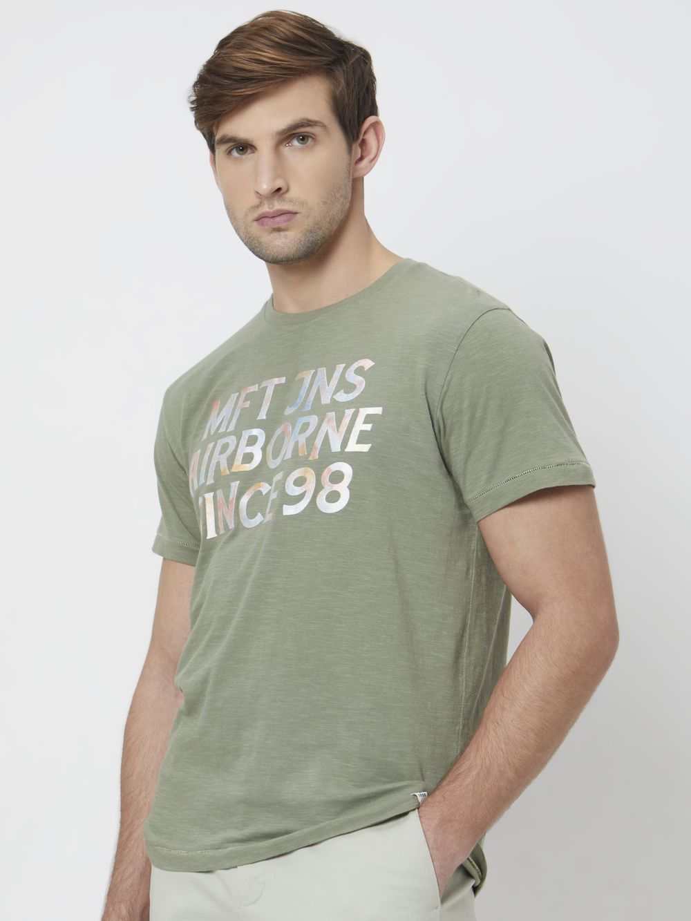 Light Olive Graphic Plain Slim Fit T-Shirt
