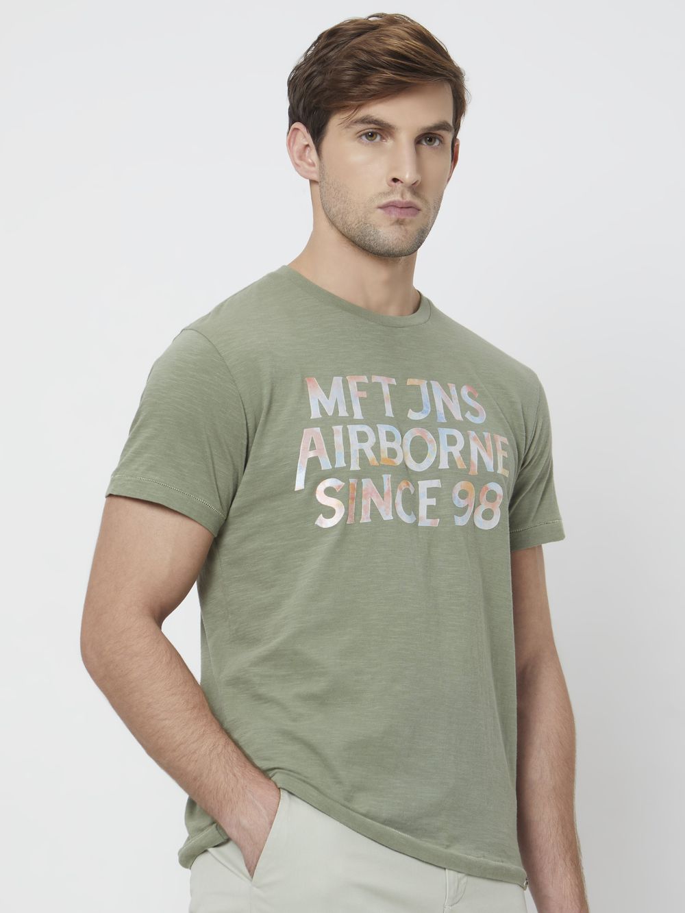 Light Olive Graphic Plain Slim Fit T-Shirt