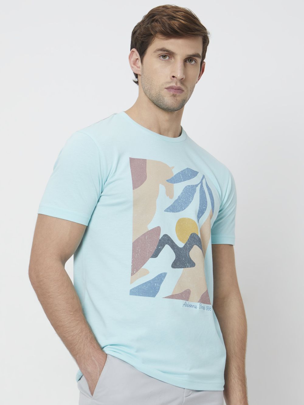 Light Blue Graphic Plain Slim Fit T-Shirt