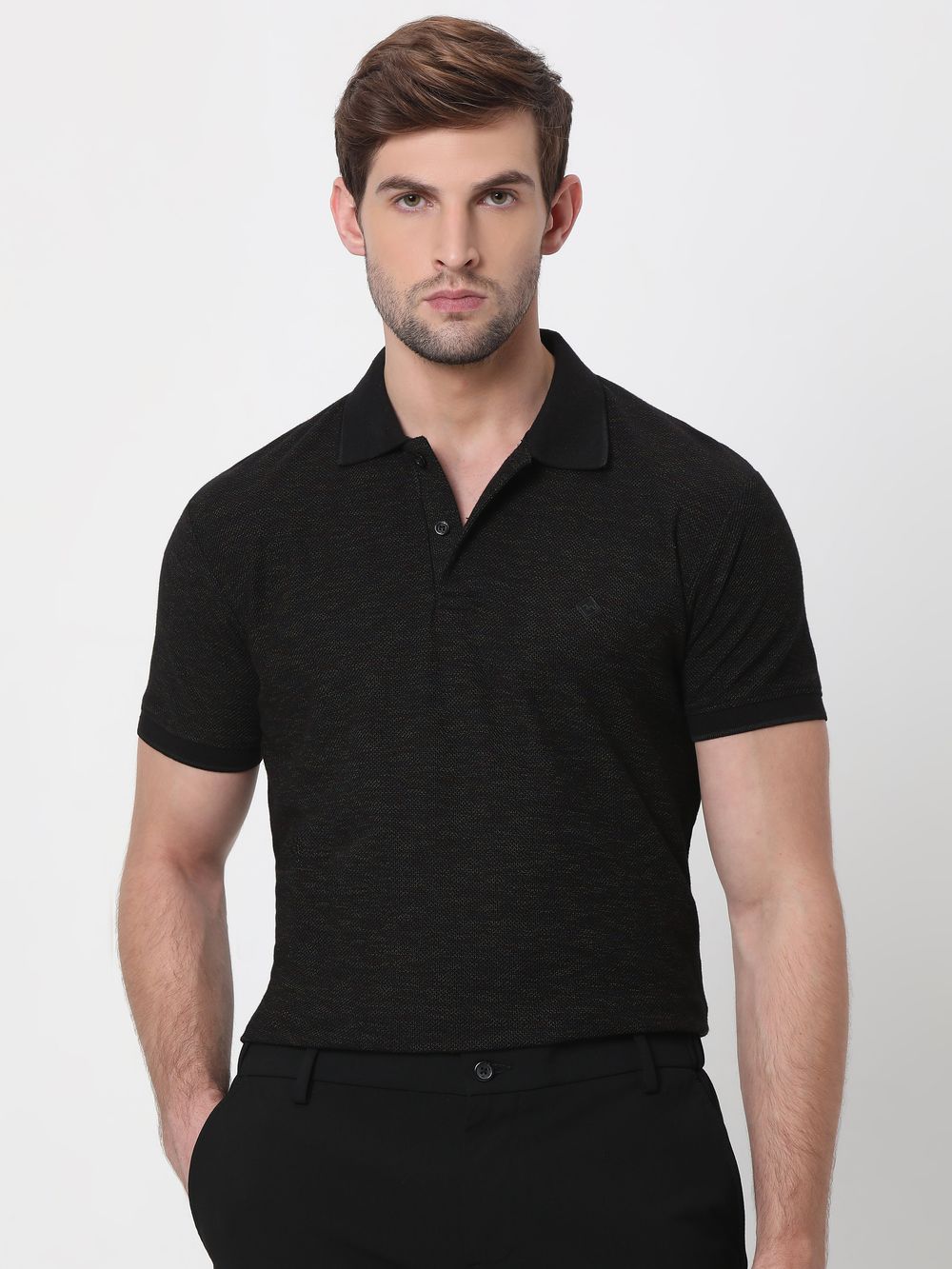 Black Space-Dyed Plain Slim Fit Polo T-Shirt