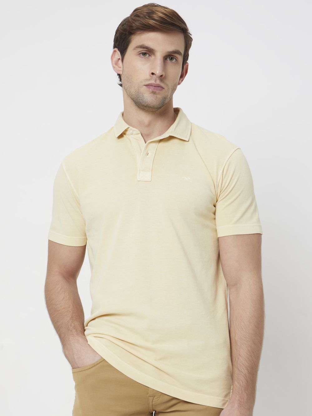 Beige Textured Plain Slim Fit Polo T-Shirt
