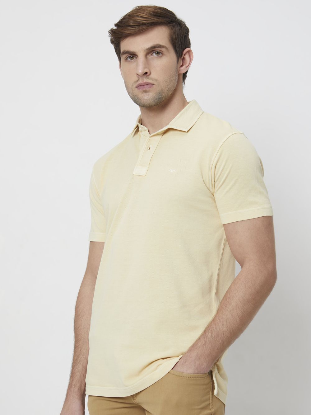 Beige Textured Plain Slim Fit Polo T-Shirt