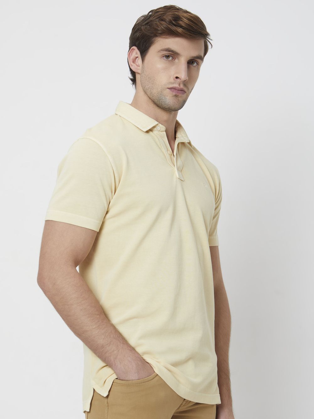 Beige Textured Plain Slim Fit Polo T-Shirt